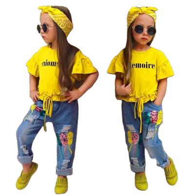 China Girls Casual Costume Letter Yellow Flared Sleeves + Sequined Jeans + Children's Three Piece Headwear for sale