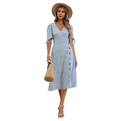 China European and American washable floral dress V-neck slit puff sleeve slim dress for sale