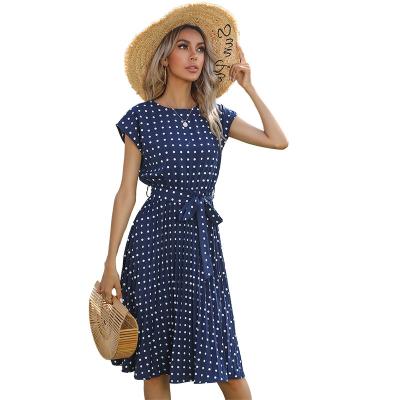 China European and American summer mid-length skirt short-sleeved lace-up polka dot pleated dress washable for sale