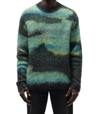 China 2023 Anti-Shrink Designer Knitted Mohair Mens Sweater Fuzzy Jacquard Sweater Custom Winter LOGO Crewneck Knitwear OEM & ODM Knit Sweater Men for sale