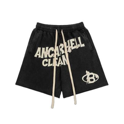 China Retro American High Street Viable Washed Distressed Letters Printed Shorts Fashionable Summer Mens Casual Loose Sports Shorts for sale