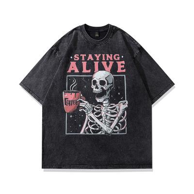 China Anti-Wrinkle T-shirt American High Street Hip Hop Coffee Skull Printed Half Sleeve Fashion Brand Washed And Worn Heavy Cropped T-shirt for sale