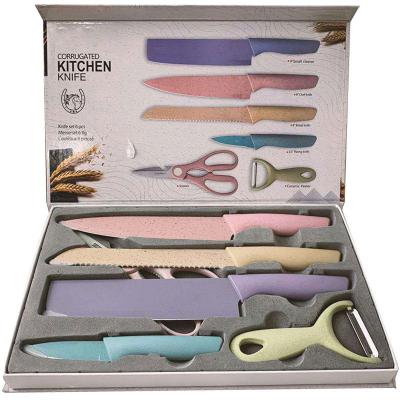 China Viable Colorful 6 Piece Kitchen Cutting Knife Set - 4 Knives, 1 Peeler & 1 Scissors Stainless Steel Non-stick Coating With Box for sale