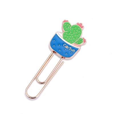 China Hot Sale Custom Student Gifts Cactus Bookmarks Green Plant Logo Metal Cactus Paper Plant Clip for sale