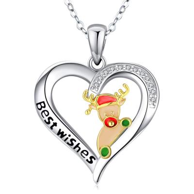 China 2021 Fashion Heart Christmas Gift Jewelry Elks Heart Silver Plated Pendant Necklace Best Wishes for sale