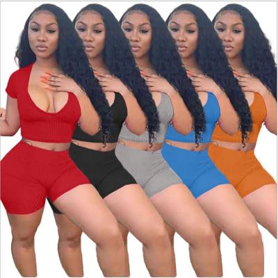 China Anti-wrinkle NY8059 2021 summer wears, 5colors v neck tops with shorts rib tracksuit knitted bodycon 2 piece short set for sale