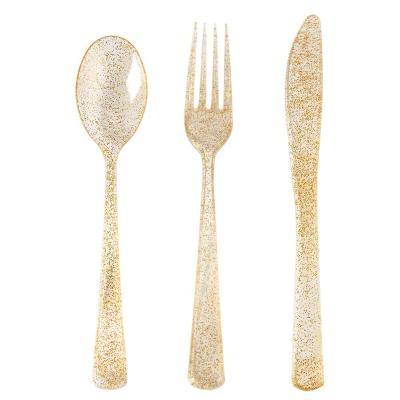 China Wedding Gold Glitter Home Hotel Restaurant Disposable Plastic Cutlery Set for sale