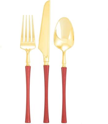 China Wedding Banquet Gold And Red Hundle Vintage Durable Plastic Cutlery for sale