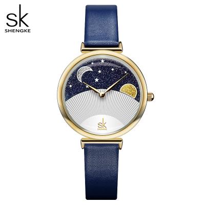 China Shengke Women's Water Resistant Fashion Blue Moon Quartz Watch Lady Leather Watchband High Quality Casual Waterproof Wristwatch Gift For Wife for sale