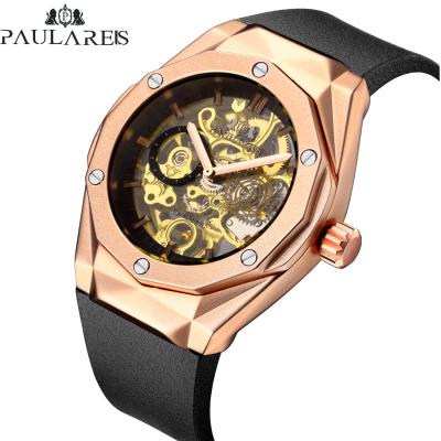 China Paulareis 3D Logo Black Gold Men Mechanical Watch Water Resistant Montre Homme Man Watches Top Brand Luxury Rubber Skeleton Design for sale