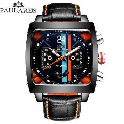 China PAULAREIS Automatic Mechanical Genuine Leather Chronograph Cavity Black Blue Orange Blue Casual Perspective See Through Mens Watch for sale