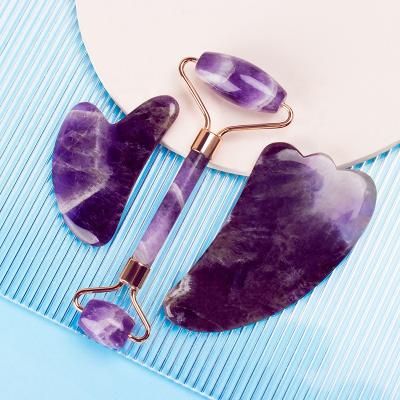 China Whitening Jade Roller Massager Amethyst Crystal Face Massage Roller Natural Amethyst Gua Sha for sale