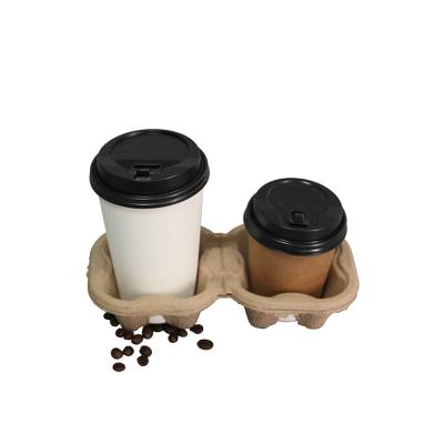 China MZ Disposable Double Cell 2 Cup Carrier Pulp Molded Biodegradable Cup Holder Tray Hot Drinks Takeout To Go Coffee Cups Carrier Holder for sale