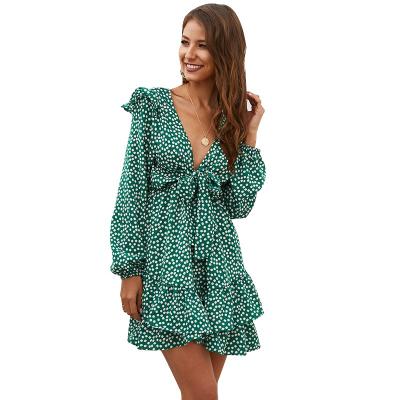 China Spring new women's clothing beautiful anti-static fashionable front v-neck knot long sleeve green 2 layer flounce edge boho dress short green long sleeve for sale