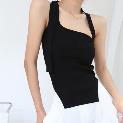 China Summer Breathable Women White And Black Slant Stretch Solid Color Top Irregular Edge Knitted Slanted Multi Wearing Vest for sale