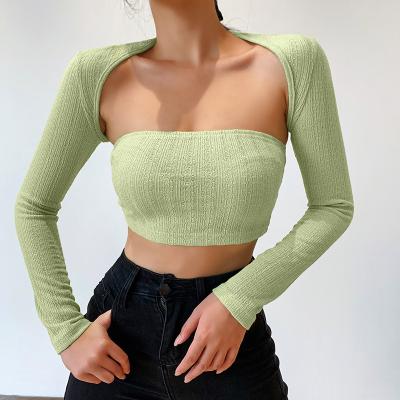 China New Breathable Women's Tube Design Sense Knitted Top Khaki Green Vest Knit 2 Piece Set Sweater Top for sale