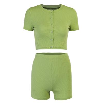 China Breathable Summer New Black And Green Casual Suit Solid Color Knit Sweater Tops And Shorts Two Piece Suit for sale