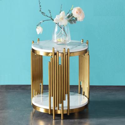 China (Size) Wholesale Adjustable Gold Round Metal Side Tables Hotel Living Room End Table Marble Glass Home Furniture for sale