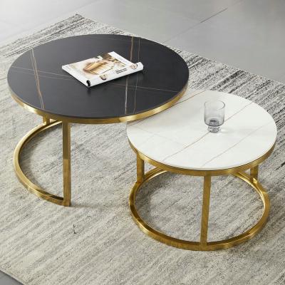 China (size) adjustable black white color caffe table set chipped stone cover steel frame gold coffee table for sale