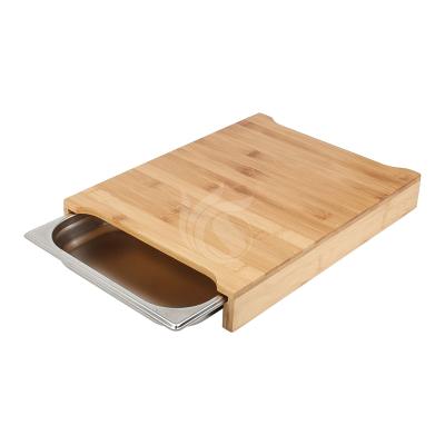 China Viable Bamboo Cutting Board With Tray Containers Rectangle Kitchen Chopper With Stainless Steel Food Storage Drawer Set for sale