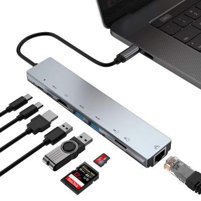 China Universal With Dual Strips USB C Hub Anti-Slip Type-C 3.0 To 4K RJ45 USB SD/TF Card Reader PD Fast Charge 8-in-1 USB Dock HDM-compatible for PC Pro HUB by MacBookAir for sale