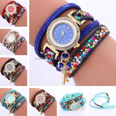 China Power Reserve 2017 Key Rhinestone Beads Leaf Women Fashion Pendant Wristwatch for sale