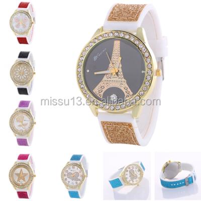 China 2016 wholesale cheap automatic rhinestone butterfly silicon eiffel tower women factory date sports watch for sale