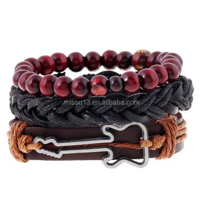 China 2018 Retro Men's Cheap Genuine Leather Braided Handwork Set Multi - Layer Beads Guitar Wood Bracelet for sale