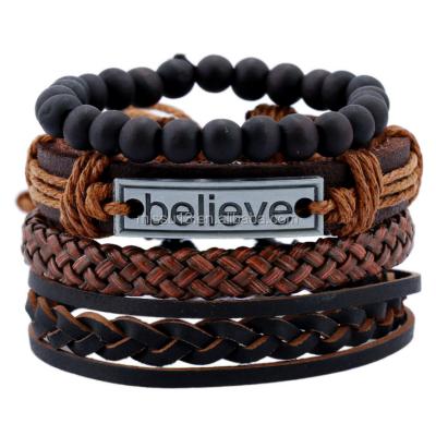 China 2018 Man Retro Cheap Genuine Leather Men Set Handwork Braided To Believe Mens Pearl Bracelets for sale