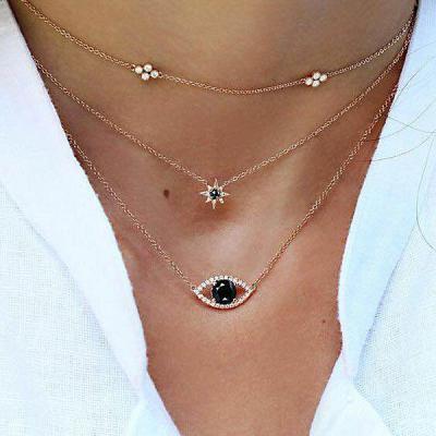 China Cheap Fashion Necklace 2018 Fashion Women Black Eyes Star Rhinestone Choker Gold Set Necklace Pendant Chain for sale