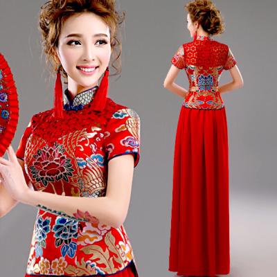 China Chinese Style Red Lace Gorgeous Evening Dress High Blue Neck Knot Set Dress TSJY127 for sale