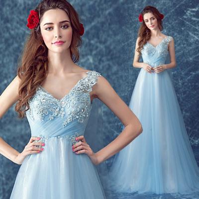 China Light Blue Appliques And Beaded Elegant Evening Dresses TSJY046 for sale