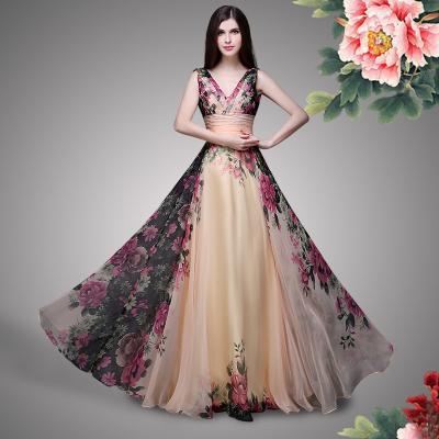 China Double Shoulder Straps Rose Print Flower Bridesmaid Dress Chiffon Bridesmaid Dress for sale