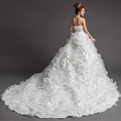 China Small Strapless White Ruched Wedding Dresses Long Chapel Train Sleeveless Wedding Dresses for sale