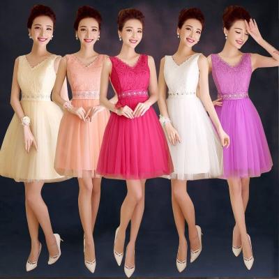 China New Short Halter Champagne Purple Bridesmaid Dress Bride Strapless Lace Rose Dress for sale