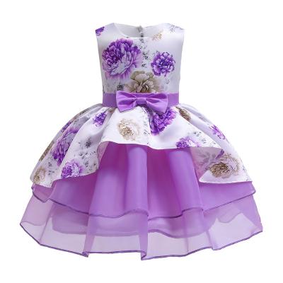 China Hot Sale Toon Purple Girl Dress Bow Belt Printed Mesh Gown Princess Dress Tutu Dresses Invisible Zipper Disfraces Vestid for sale