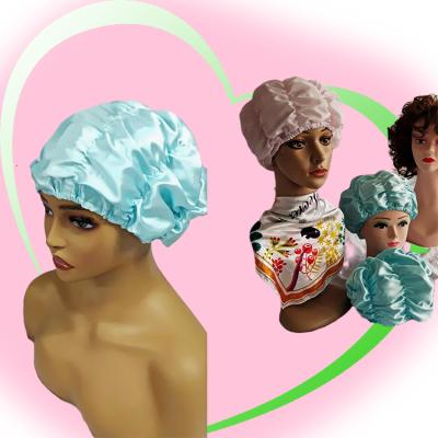 China Personalized Reusable Shower Cap Hair Stored Waterproof Hood For Women Travel Satin Striped Shower Caps for sale