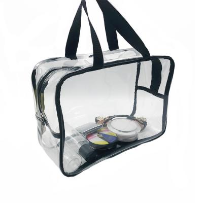 China Custom Fashion PVC Travel Beach Bath Toiletry Plastic Waterproof Clear Transparent Tote Bag Handbag for sale