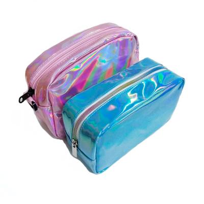 China Custom Leather Robe Factory PU Leather Travel Washing Holographic Laser Hologram Makeup Bag for sale