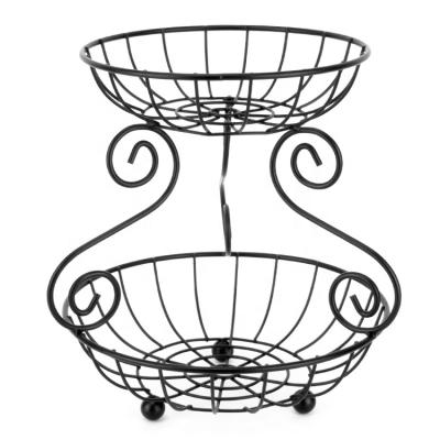 China 2021 Sustainable New Style Double Tier Metal Fruit Bowl Basket For Kitchen for sale