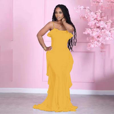 China 2021 Washable Maxi Dresses Women Summer New Arrivals Solid Sleeveless Ruffled Graceful Washable Dress Long - pint for sale