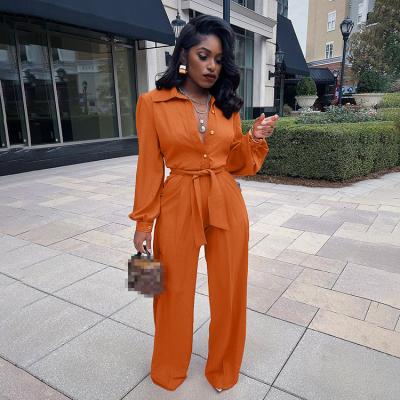 China Overalls Viable Casuals For Ladies Fashion Tie Wrap Button Up Long Sleeve Womens Office Overalls Solids for sale