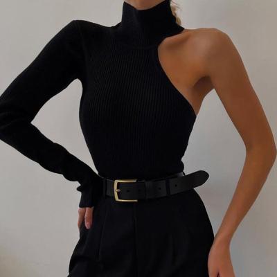 China Viable Women One Shoulder Ladies Overalls Autumn Long Elegant Solid Black Sheath Long High Neck Overalls for sale