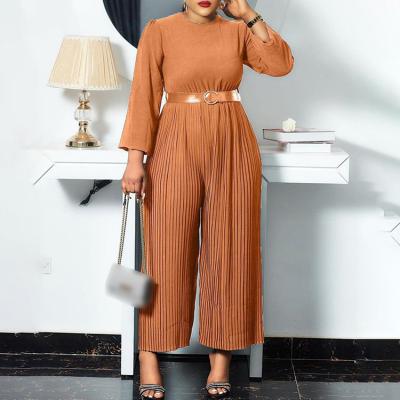 China Overall Sustainable Sustainable Romper 2021 Fashion Solid Crewneck Pleated Design Long Sleeve One Piece Jumpsuit for sale