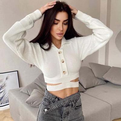 China Sustainable Autumn Ladies Casual White Knit Top Stylish Turn-Down Hollow Out Long Sleeve Women's Knitted Tops for sale