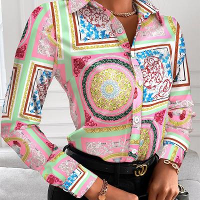 China Autumn Printed Turn-Down Single Breasted Elegant Clothing Fashionable Women's Long Sleeve Pink Blouse for sale