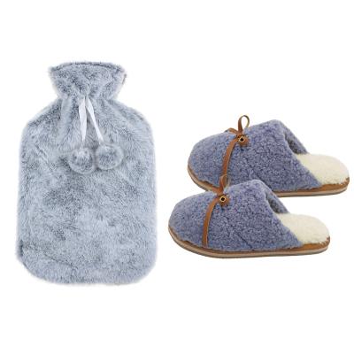 China Body Warmer Hand Warmer Gift Set Hot Water Bottle Faux Fur Hot Water Bag Cover and Plush Rubber Slipper for sale