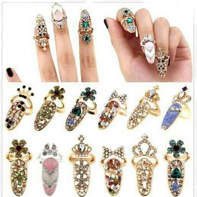 China Fashion Jewelry Rhinestone Fingernail Protective Bowknot Nail Ring Charm Crown Flower Crystal Finger Nail Rings For Women AP455 for sale