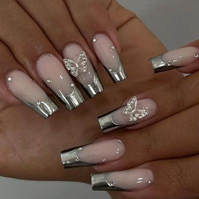 China Full Cover Ballet Armor Metal Grey Gradient French Long French Style Fake Nails for Nails for sale