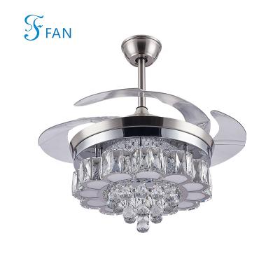 China Contemporary Top Sales Silver Modern Arabic Luxury Crystal Fancy Hidden Transparent Blade Chandelier Retractable Ceiling Fan With Led Light for sale